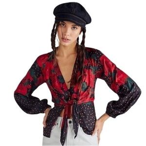 Free People Run Free Floral Blouse Top Red Black Polka Dot Tie Front Large